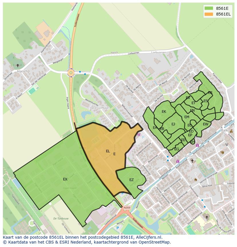Afbeelding van het postcodegebied 8561 EL op de kaart.