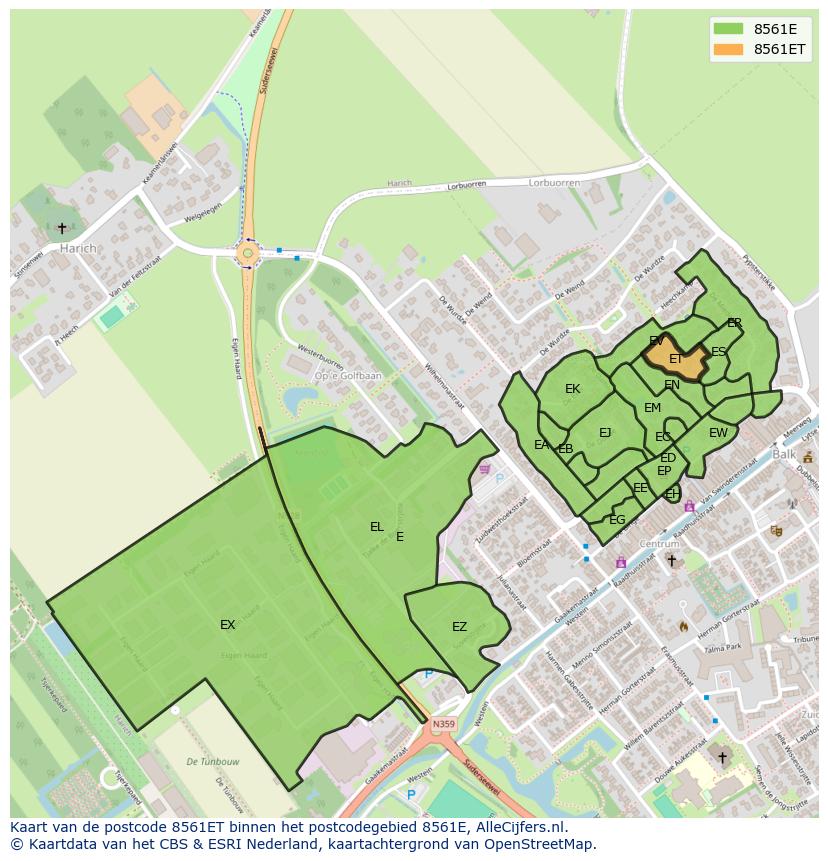 Afbeelding van het postcodegebied 8561 ET op de kaart.