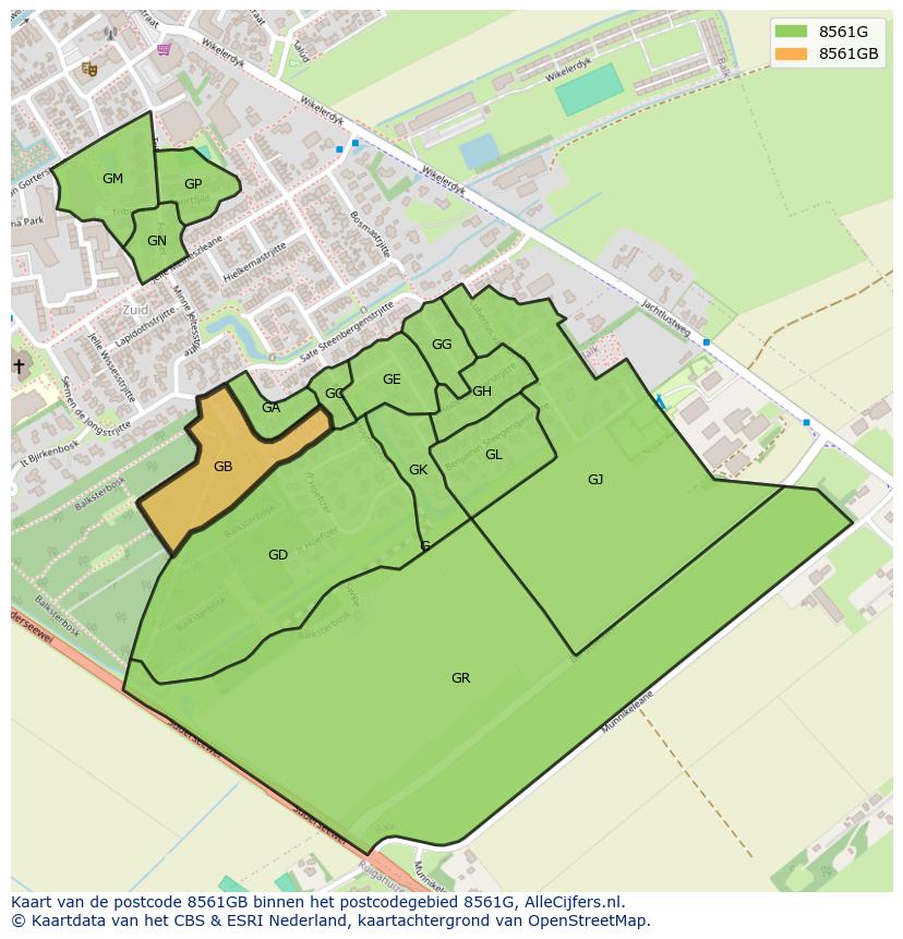 Afbeelding van het postcodegebied 8561 GB op de kaart.