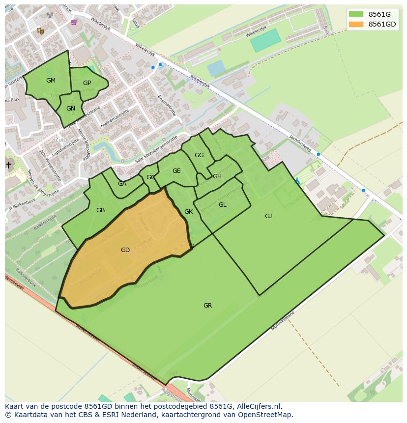 Afbeelding van het postcodegebied 8561 GD op de kaart.