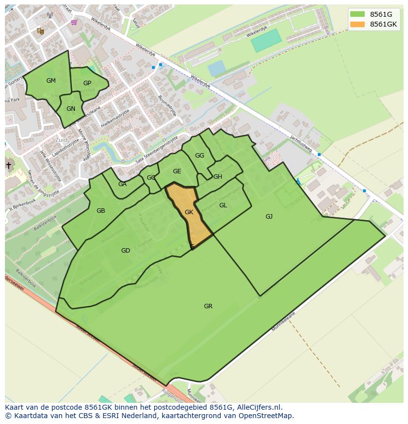 Afbeelding van het postcodegebied 8561 GK op de kaart.