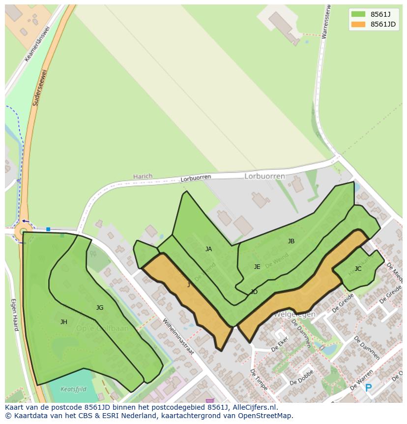 Afbeelding van het postcodegebied 8561 JD op de kaart.