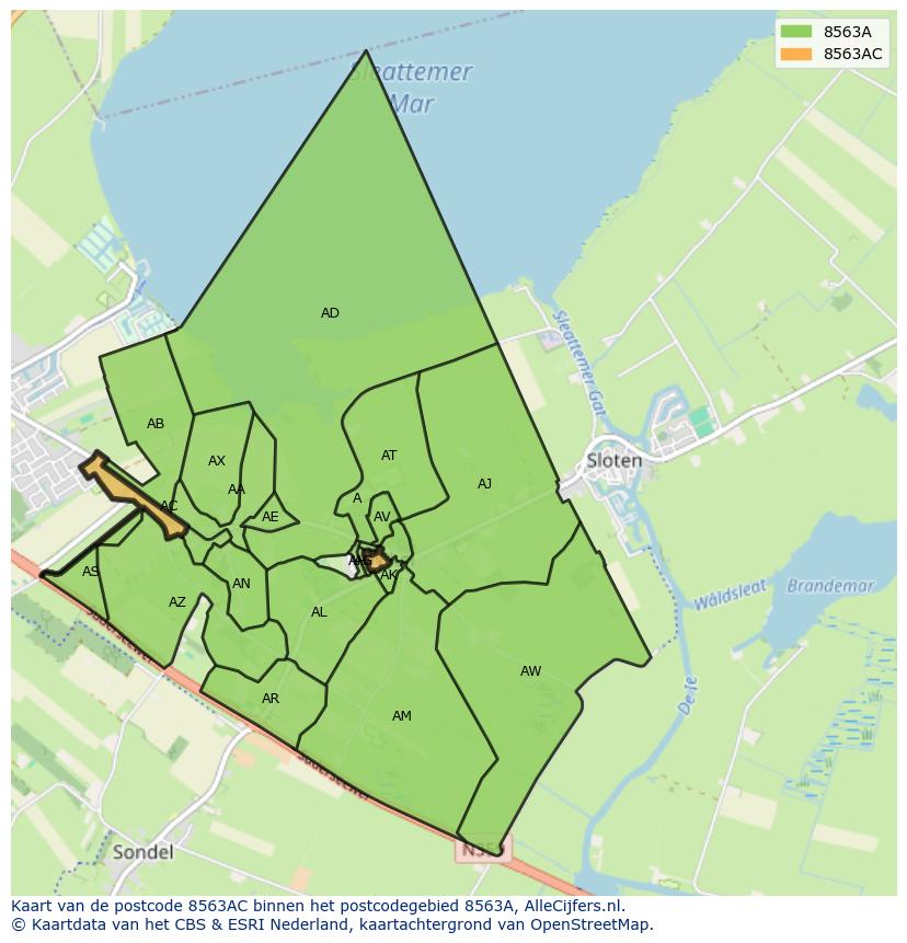 Afbeelding van het postcodegebied 8563 AC op de kaart.