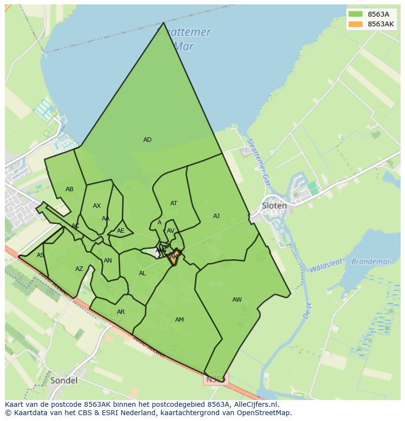 Afbeelding van het postcodegebied 8563 AK op de kaart.