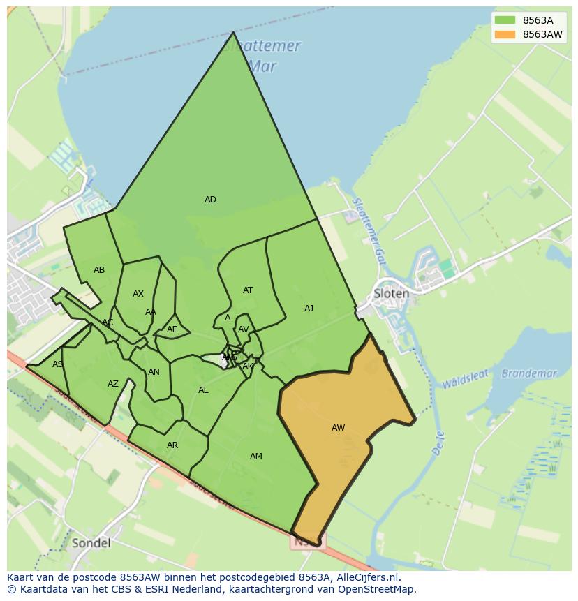 Afbeelding van het postcodegebied 8563 AW op de kaart.