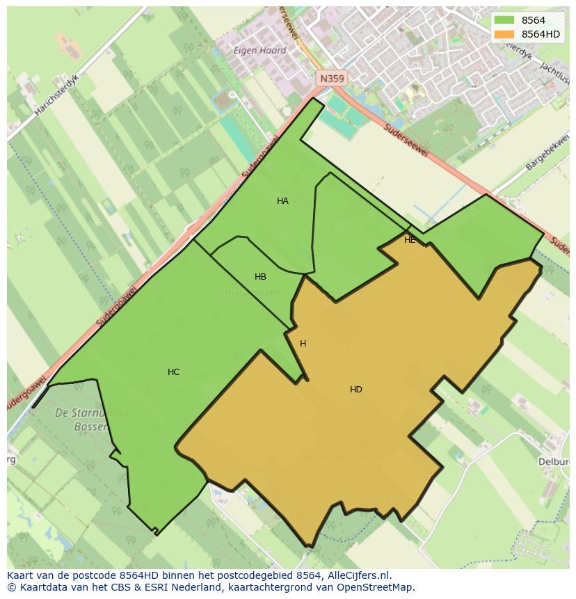 Afbeelding van het postcodegebied 8564 HD op de kaart.
