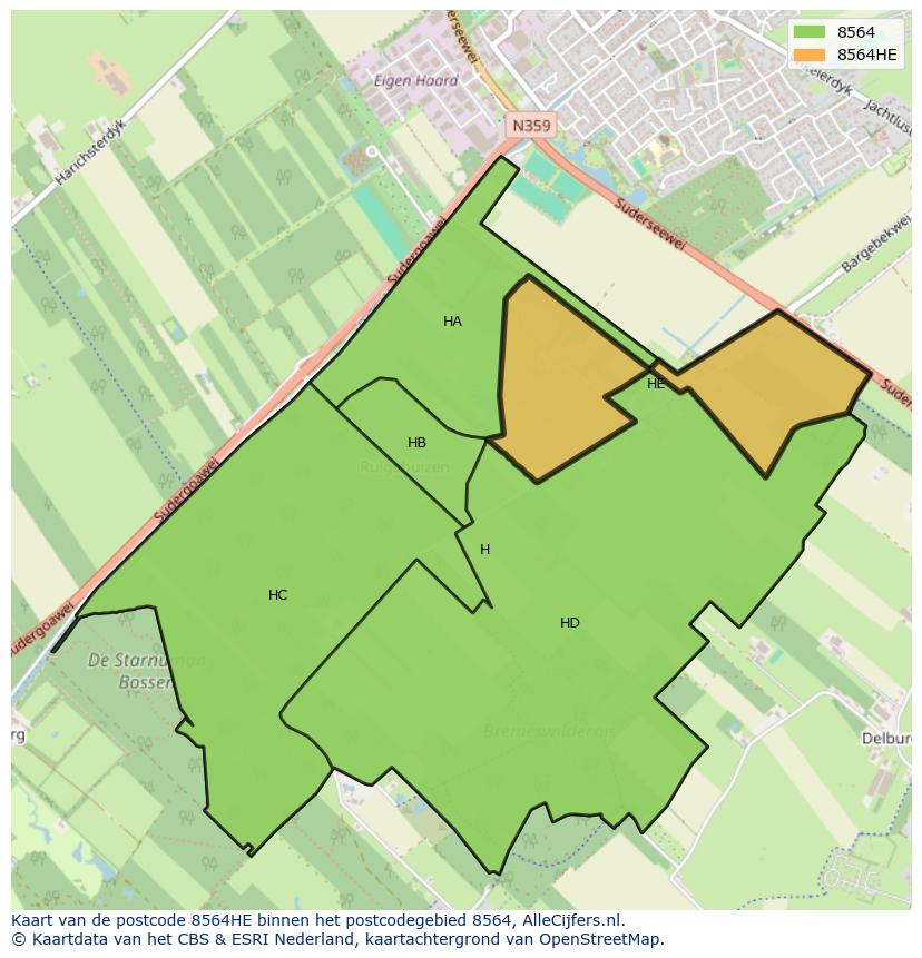 Afbeelding van het postcodegebied 8564 HE op de kaart.