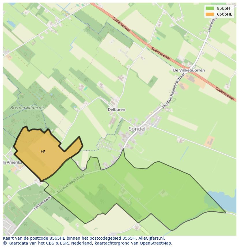 Afbeelding van het postcodegebied 8565 HE op de kaart.