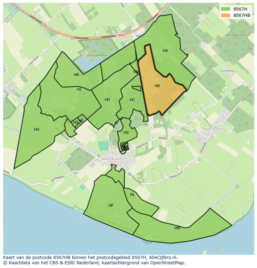 Afbeelding van het postcodegebied 8567 HB op de kaart.