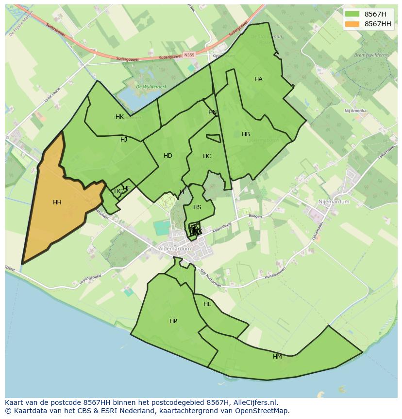 Afbeelding van het postcodegebied 8567 HH op de kaart.