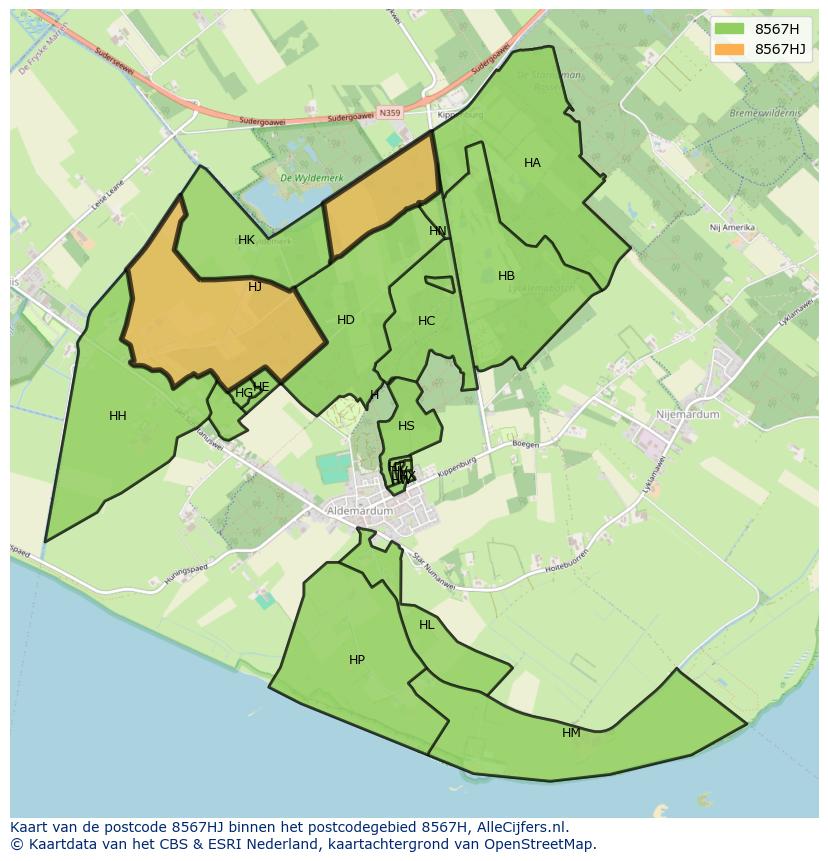 Afbeelding van het postcodegebied 8567 HJ op de kaart.