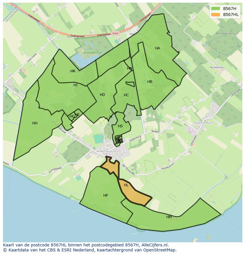 Afbeelding van het postcodegebied 8567 HL op de kaart.
