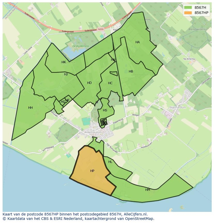 Afbeelding van het postcodegebied 8567 HP op de kaart.