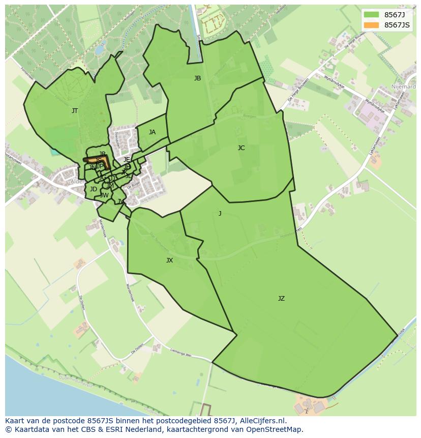 Afbeelding van het postcodegebied 8567 JS op de kaart.