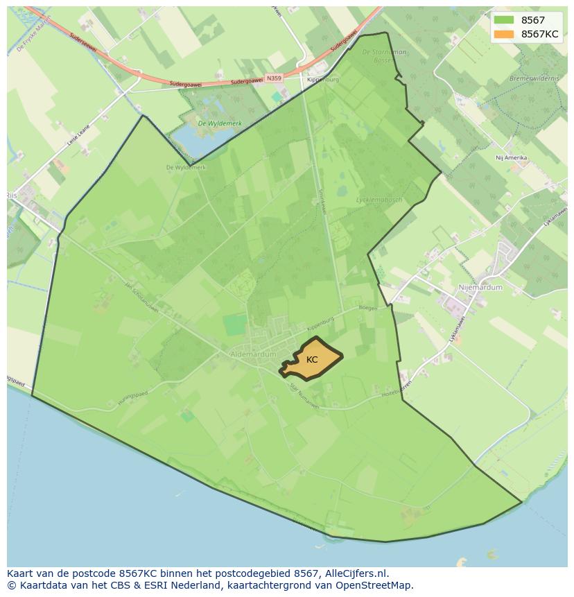 Afbeelding van het postcodegebied 8567 KC op de kaart.
