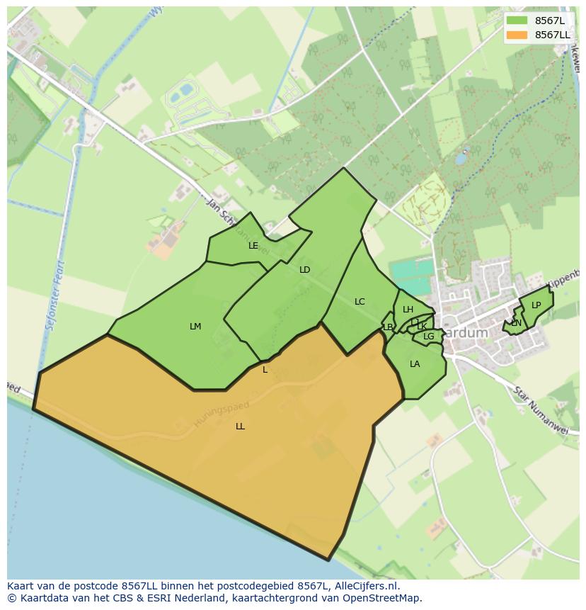 Afbeelding van het postcodegebied 8567 LL op de kaart.