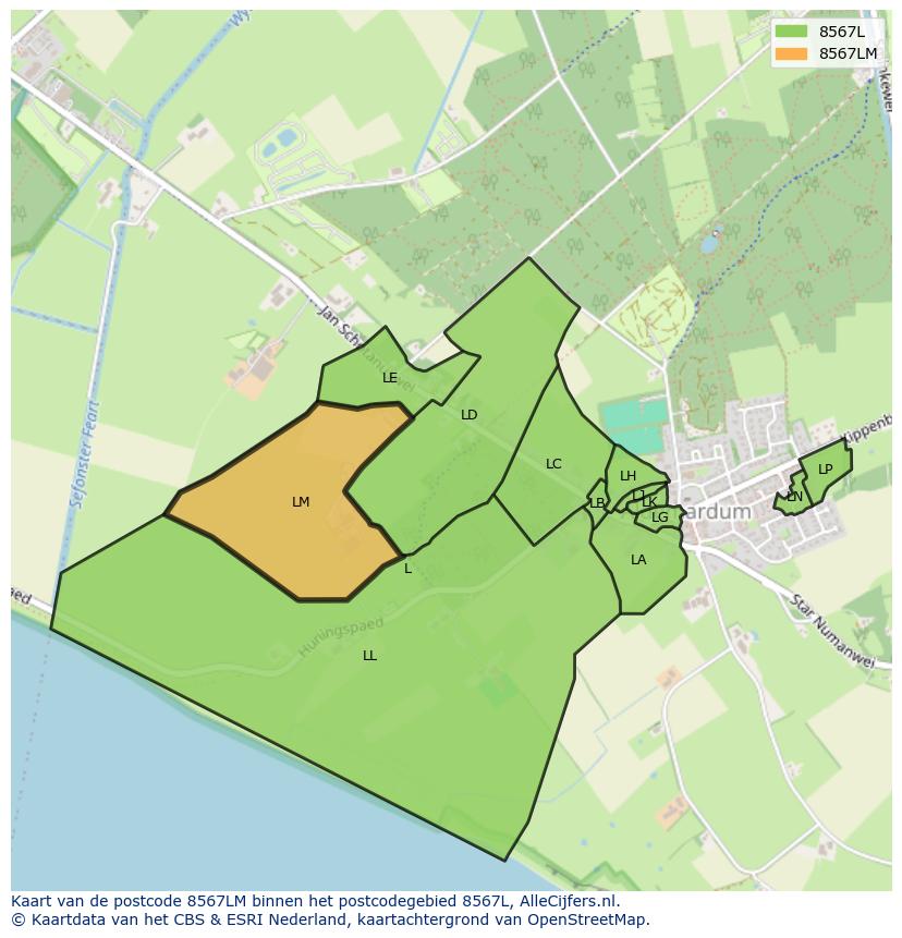 Afbeelding van het postcodegebied 8567 LM op de kaart.