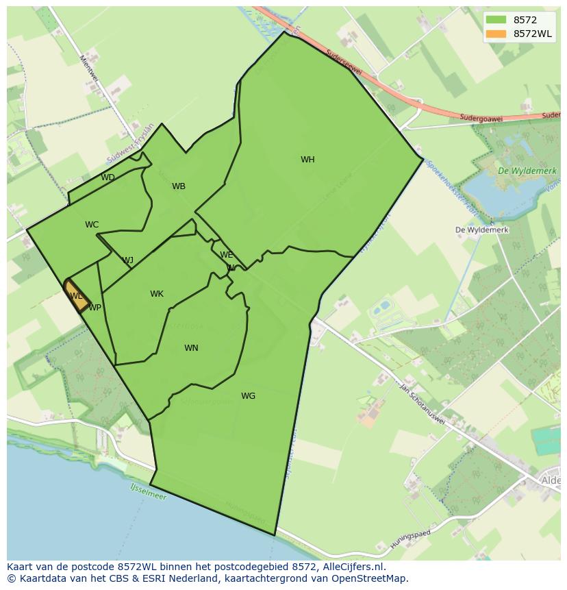 Afbeelding van het postcodegebied 8572 WL op de kaart.