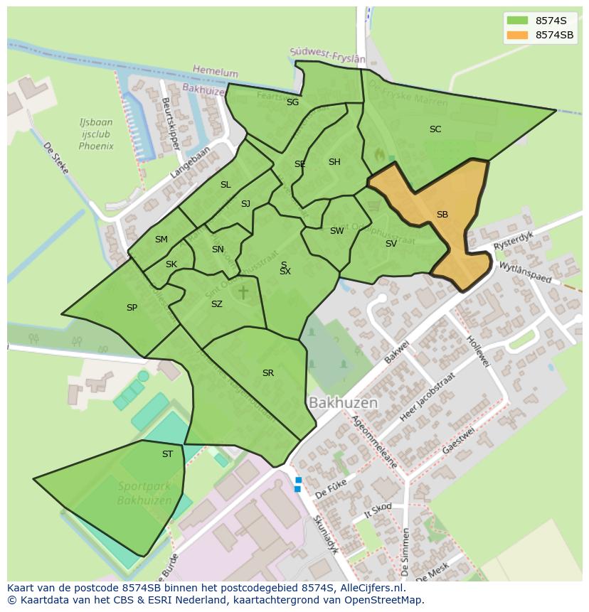 Afbeelding van het postcodegebied 8574 SB op de kaart.