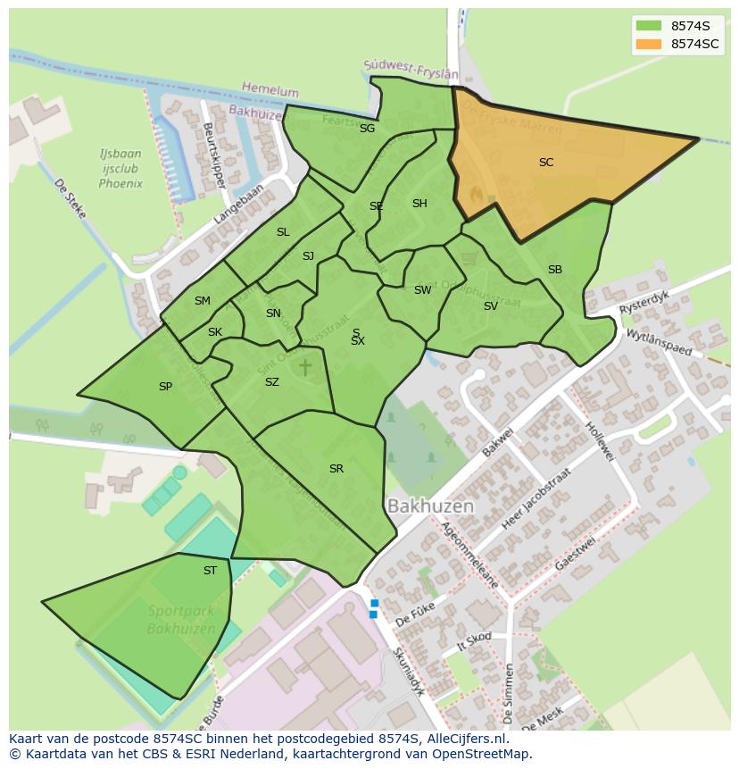 Afbeelding van het postcodegebied 8574 SC op de kaart.