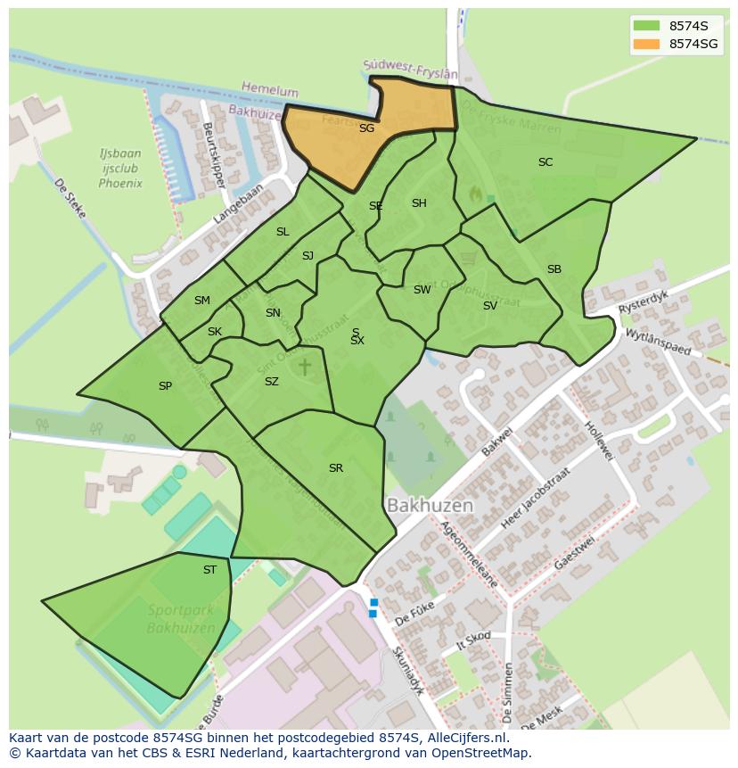 Afbeelding van het postcodegebied 8574 SG op de kaart.
