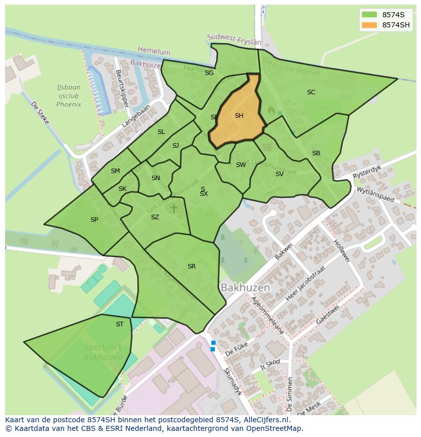 Afbeelding van het postcodegebied 8574 SH op de kaart.