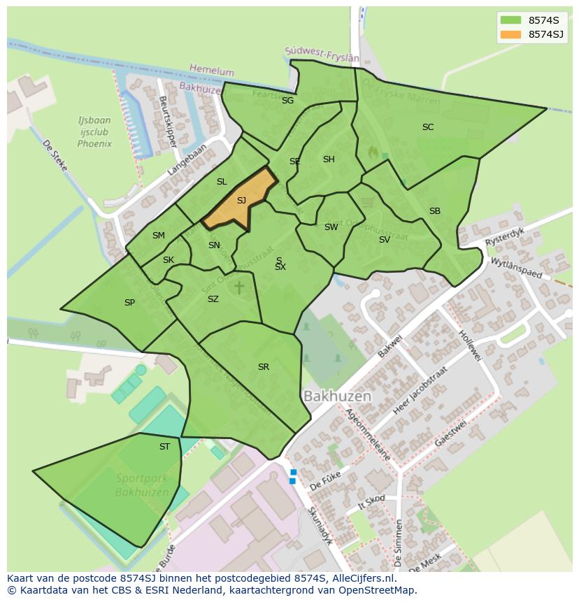 Afbeelding van het postcodegebied 8574 SJ op de kaart.