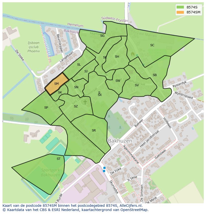 Afbeelding van het postcodegebied 8574 SM op de kaart.