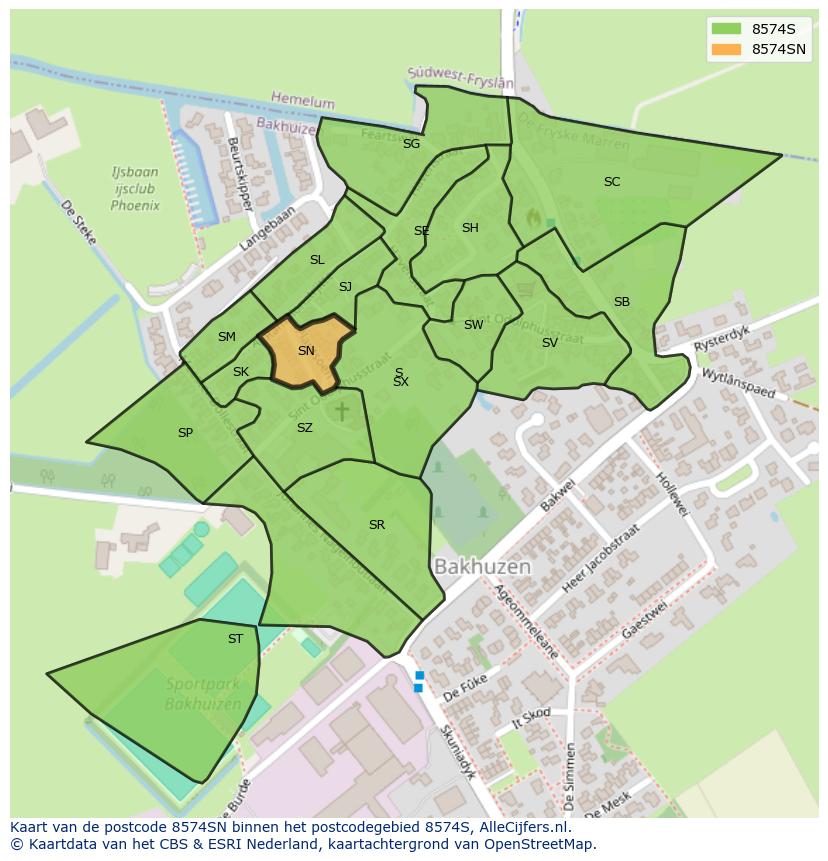 Afbeelding van het postcodegebied 8574 SN op de kaart.