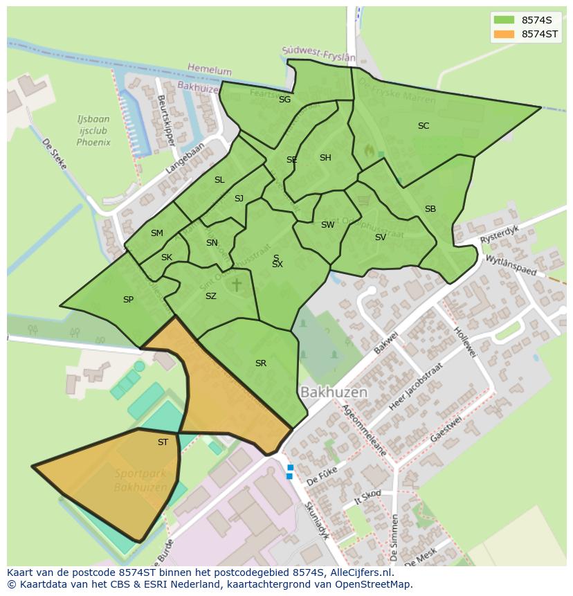 Afbeelding van het postcodegebied 8574 ST op de kaart.