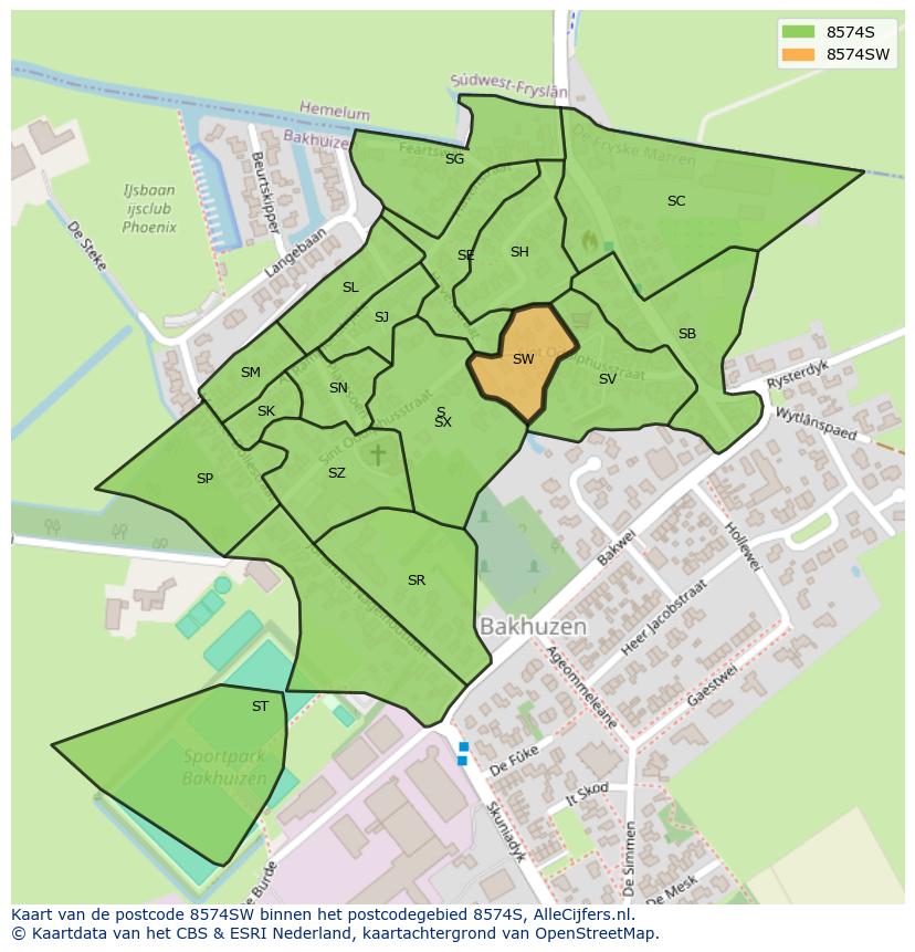 Afbeelding van het postcodegebied 8574 SW op de kaart.