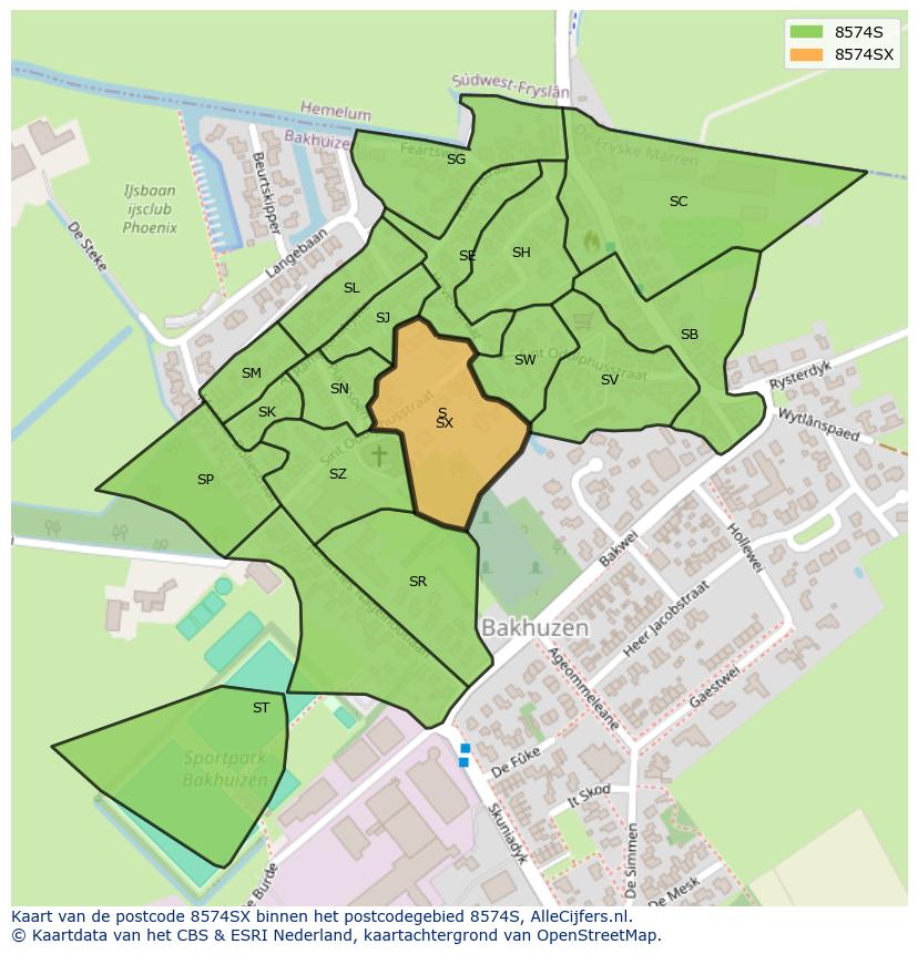 Afbeelding van het postcodegebied 8574 SX op de kaart.