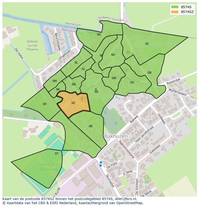 Afbeelding van het postcodegebied 8574 SZ op de kaart.