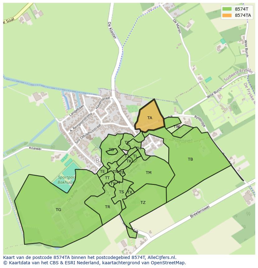 Afbeelding van het postcodegebied 8574 TA op de kaart.