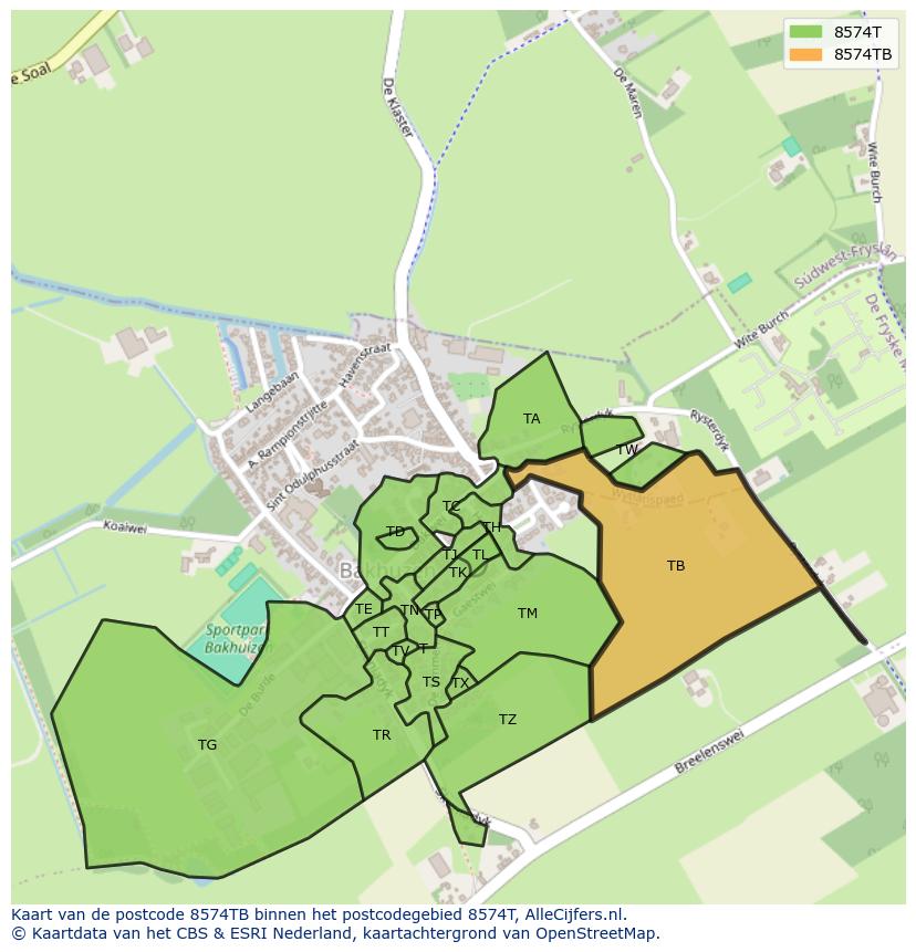 Afbeelding van het postcodegebied 8574 TB op de kaart.