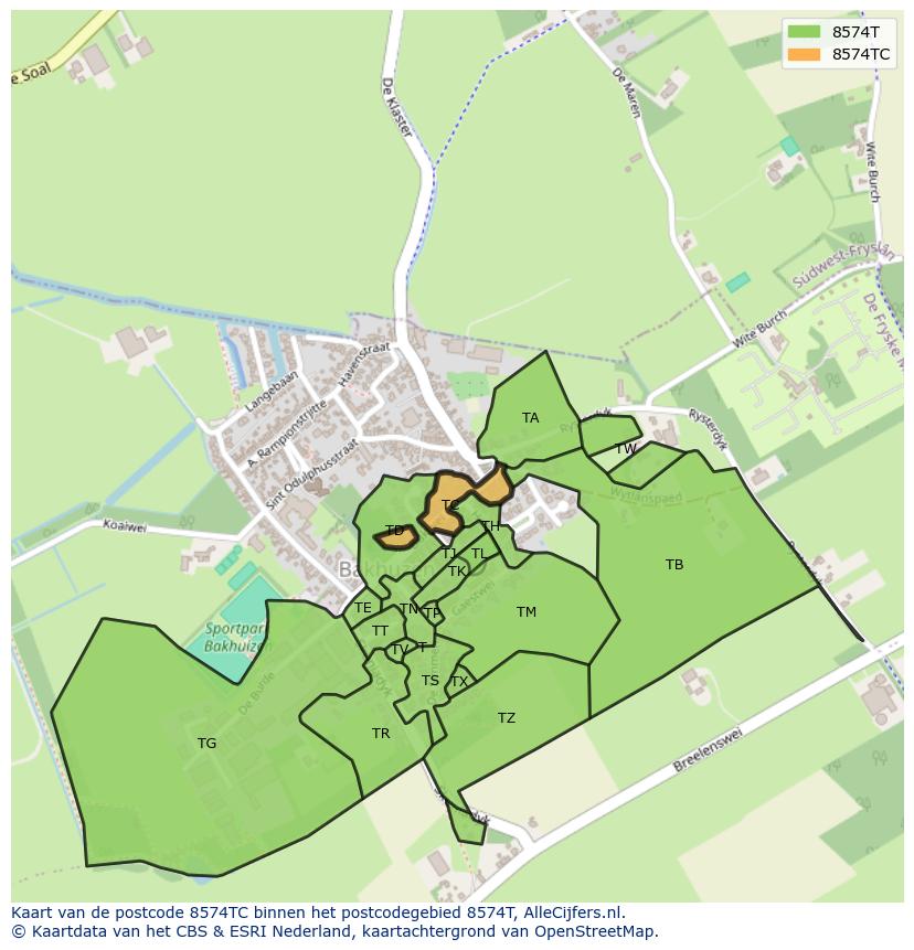 Afbeelding van het postcodegebied 8574 TC op de kaart.