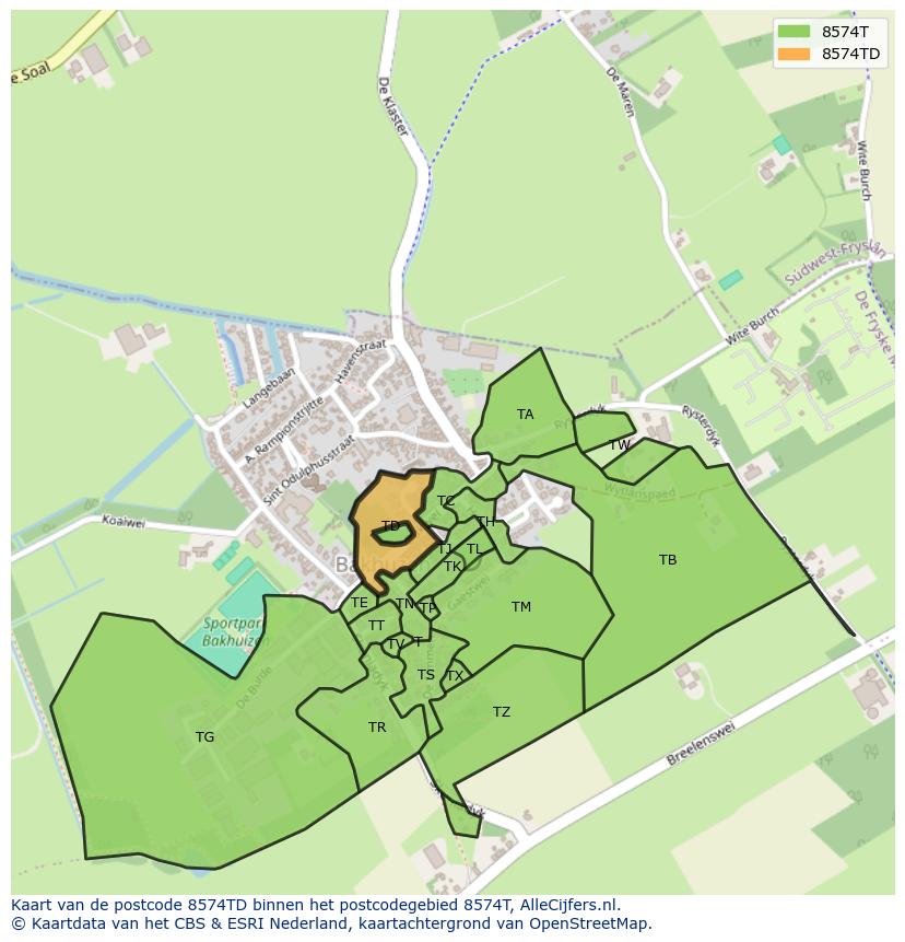 Afbeelding van het postcodegebied 8574 TD op de kaart.