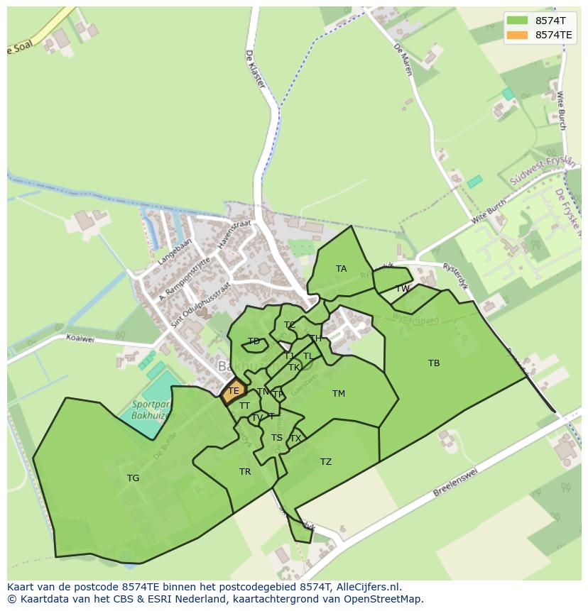 Afbeelding van het postcodegebied 8574 TE op de kaart.