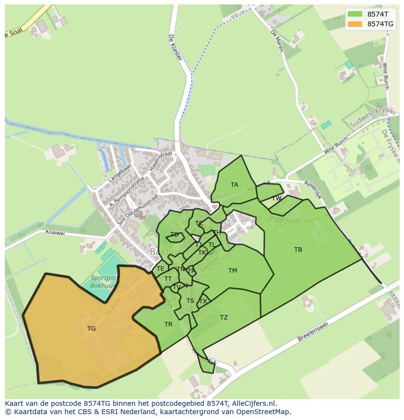 Afbeelding van het postcodegebied 8574 TG op de kaart.