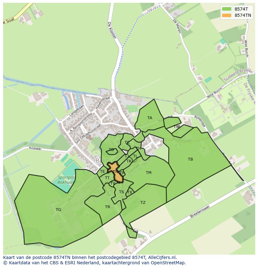 Afbeelding van het postcodegebied 8574 TN op de kaart.