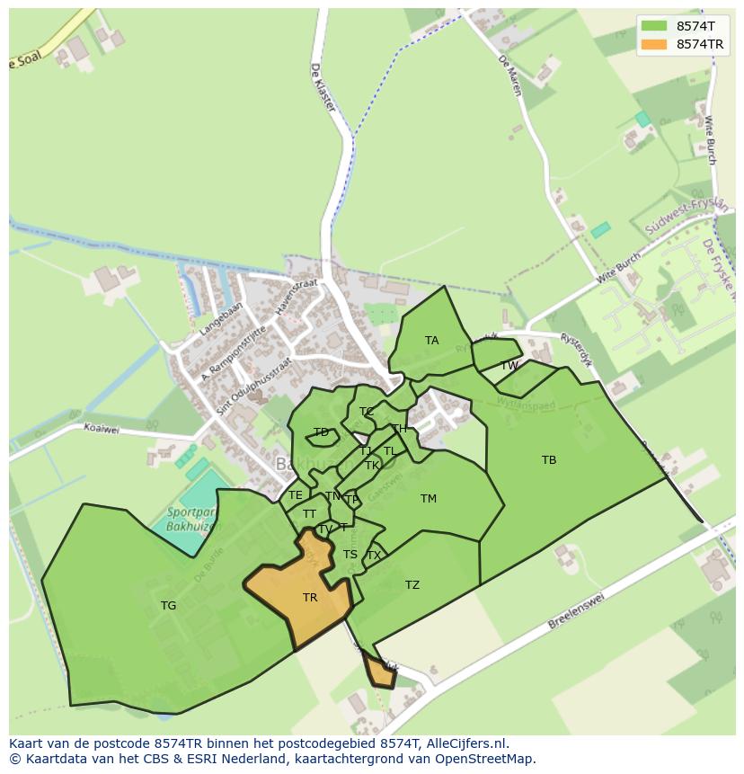 Afbeelding van het postcodegebied 8574 TR op de kaart.