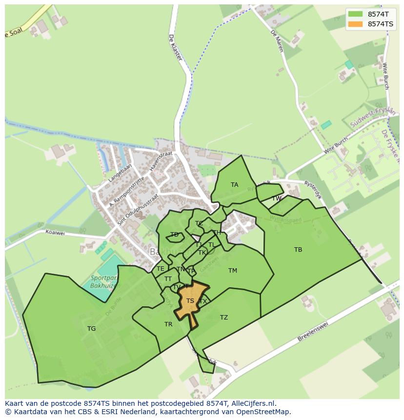 Afbeelding van het postcodegebied 8574 TS op de kaart.
