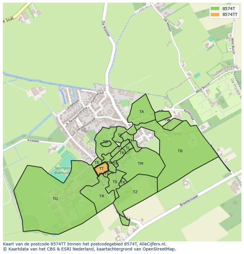 Afbeelding van het postcodegebied 8574 TT op de kaart.