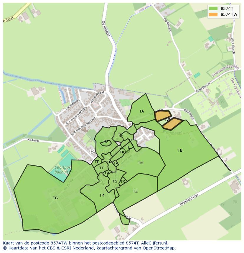 Afbeelding van het postcodegebied 8574 TW op de kaart.