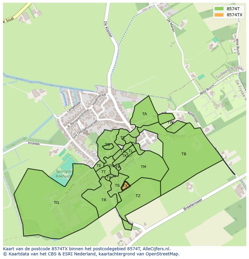 Afbeelding van het postcodegebied 8574 TX op de kaart.