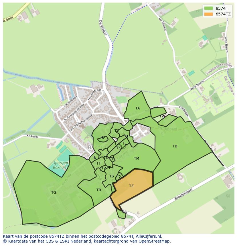 Afbeelding van het postcodegebied 8574 TZ op de kaart.
