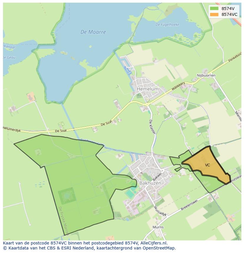 Afbeelding van het postcodegebied 8574 VC op de kaart.