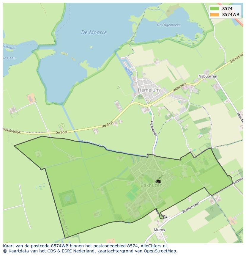 Afbeelding van het postcodegebied 8574 WB op de kaart.