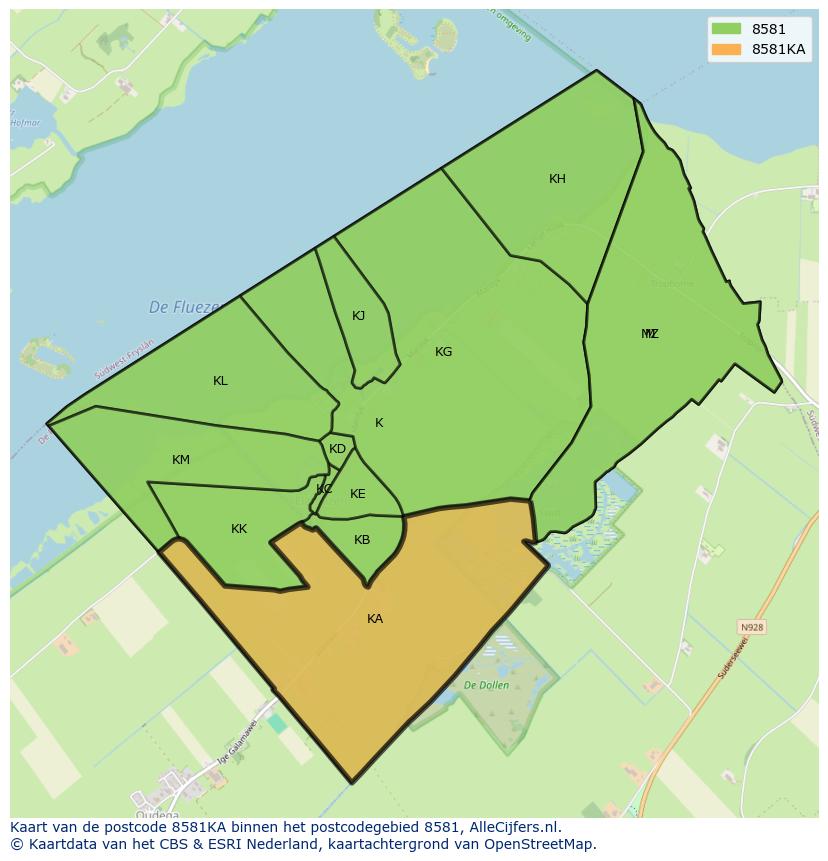 Afbeelding van het postcodegebied 8581 KA op de kaart.