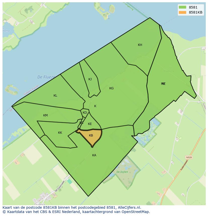 Afbeelding van het postcodegebied 8581 KB op de kaart.